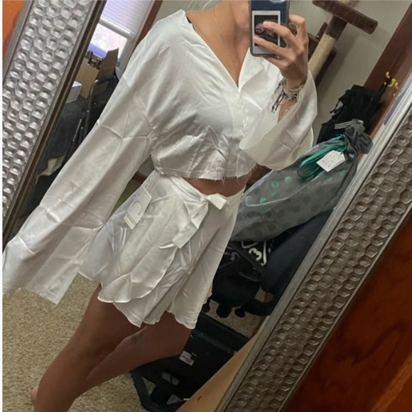 Commense Satin Raw Hem Tied Two Piece Skirt Set - Picture 8 of 11